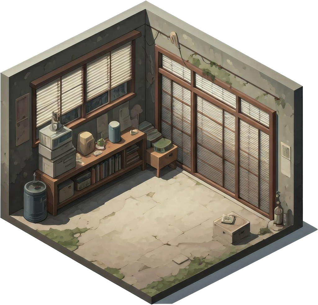 Isometric image of a loft apartment in anime style.